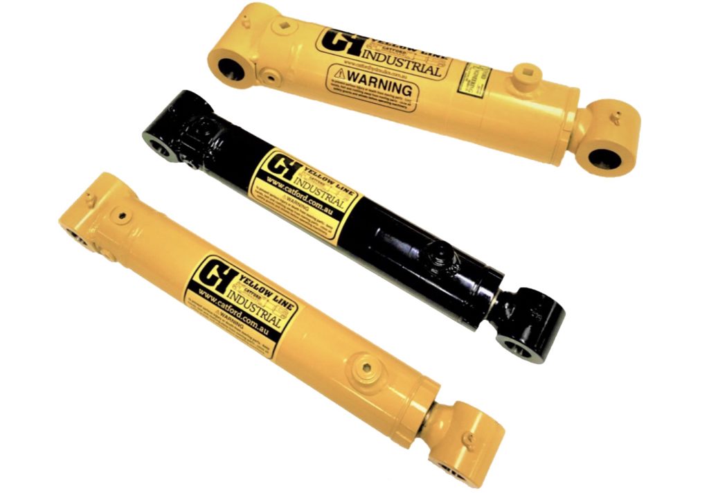 3 bushed end hydraulic rams in yellow and black colours