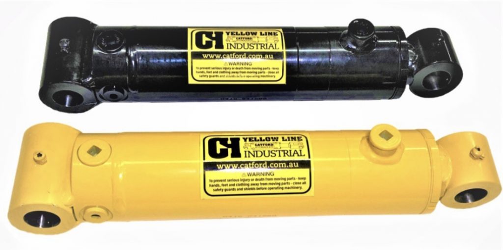 bushed end hydraulic cylinders in yellow and black